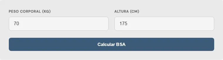 Captura de pantalla de la Calculadora de área de superficie corporal (BSA) interactiva