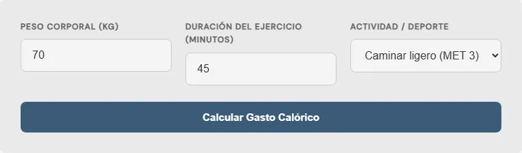 Captura de pantalla de la Calculadora de calorías quemadas por ejercicio interactiva