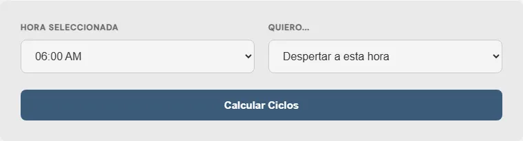 Captura de pantalla de la Calculadora de ciclos de sueño (A qué hora despertar) interactiva