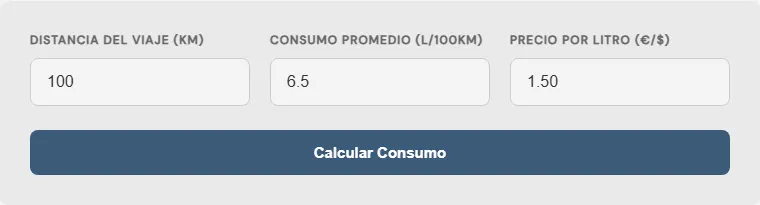 Captura de pantalla de la Calculadora de consumo de combustible interactiva