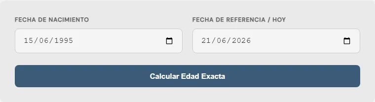 Captura de pantalla de la Calculadora de edad exacta (Años, meses y días) interactiva