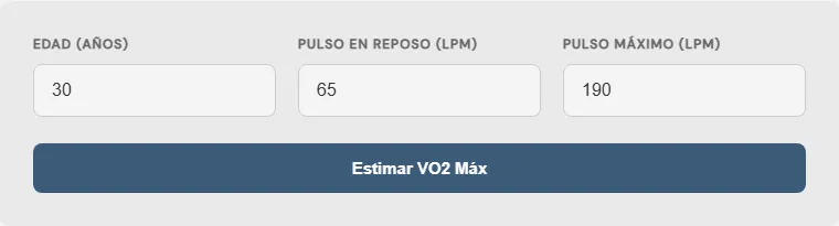 Captura de pantalla de la Calculadora de estimación de VO2 Máximo interactiva