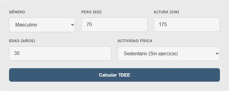 Captura de pantalla de la Calculadora de gasto energético diario total (TDEE) interactiva