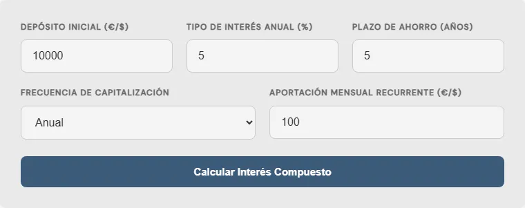 Captura de pantalla de la Calculadora de Interés Compuesto Avanzada interactiva