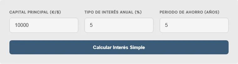 Captura de pantalla de la Calculadora de Interés Simple Avanzada interactiva