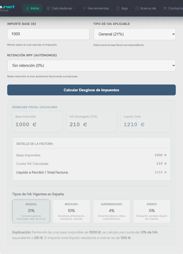 Captura de pantalla de la Calculadora de IVA España (21% General) interactiva