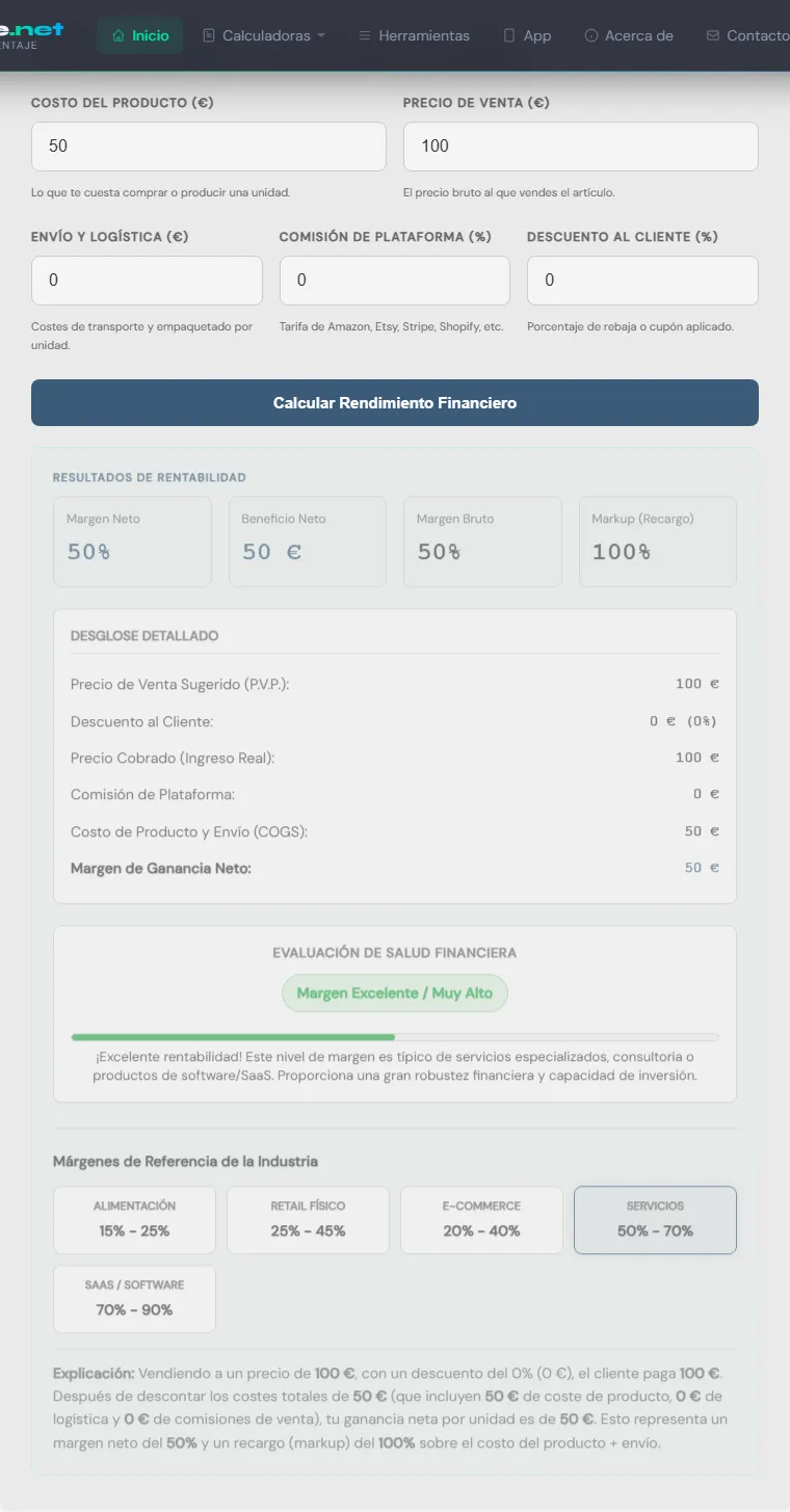 Captura de pantalla de la Calculadora de Margen de Beneficio interactiva
