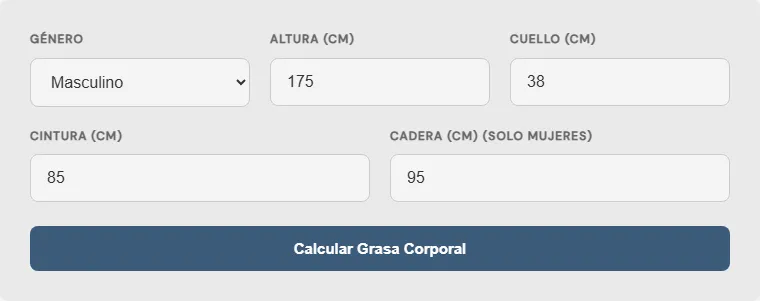 Captura de pantalla de la Calculadora de porcentaje de grasa corporal (Método Marina) interactiva