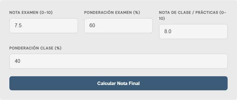 Captura de pantalla de la Calculadora de porcentaje de notas y exámenes interactiva