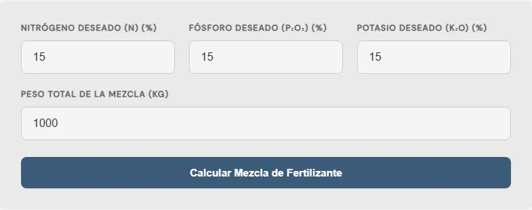 Captura de pantalla de la Calculadora de porcentajes de mezclas de fertilizante NPK interactiva