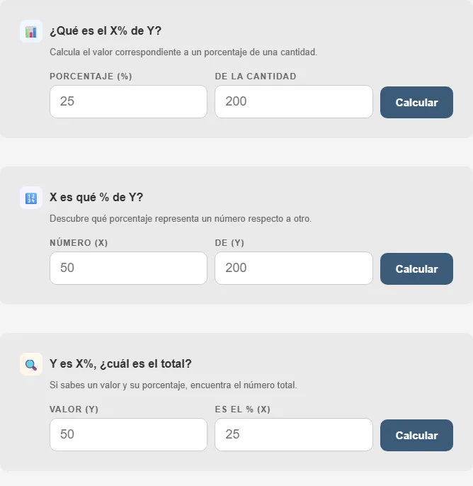 Captura de pantalla de la Calculadora de Porcentajes interactiva