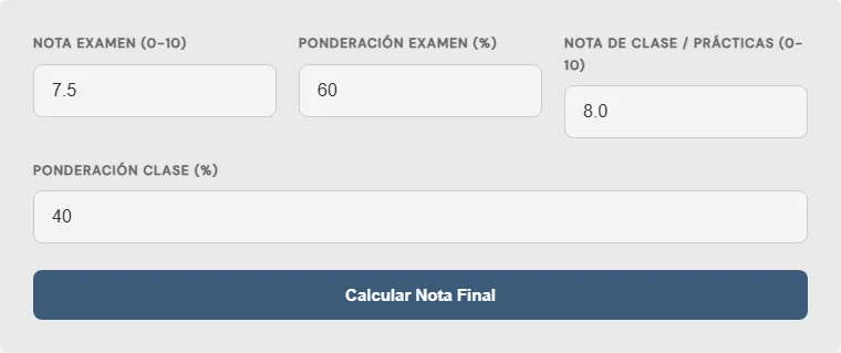 Captura de pantalla de la Calculadora de promedio de calificaciones ponderado interactiva