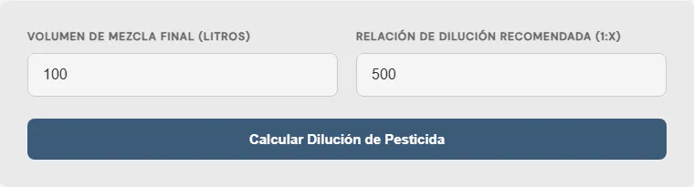 Captura de pantalla de la Calculadora de proporción de dilución de pesticidas interactiva