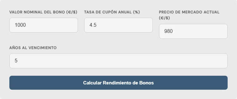 Captura de pantalla de la Calculadora de Rendimiento de Bonos Avanzada interactiva