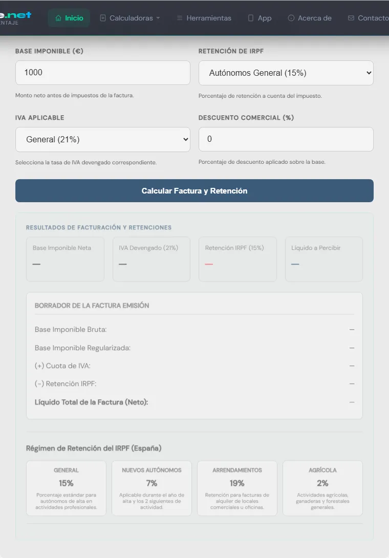 Captura de pantalla de la Calculadora de Retención IRPF Autónomos (15%) interactiva