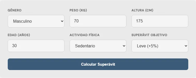 Captura de pantalla de la Calculadora de superávit calórico para ganar músculo interactiva