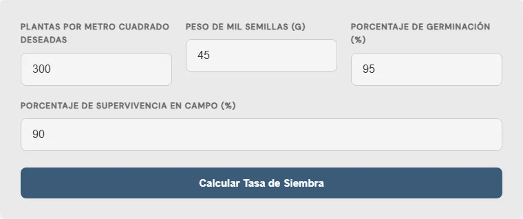 Captura de pantalla de la Calculadora de tasa de siembra de cultivos interactiva
