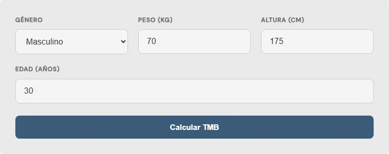 Captura de pantalla de la Calculadora de tasa metabólica basal (TMB) interactiva