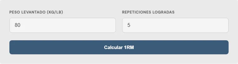 Captura de pantalla de la Calculadora de una repetición máxima (1RM) interactiva