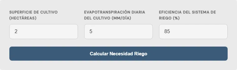 Captura de pantalla de la Calculadora de volumen de agua de riego agrícola interactiva