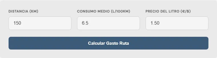 Captura de pantalla de la Calculadora para compartir gastos de gasolina en ruta interactiva