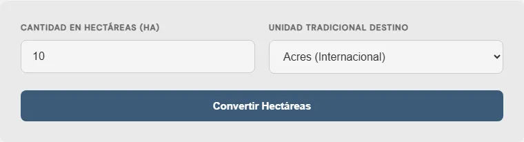 Captura de pantalla de la Convertidor de hectáreas a unidades de campo locales interactiva