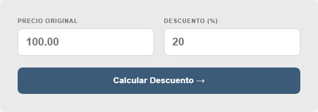 Captura de pantalla de la Calculadora de Descuento por Porcentaje interactiva