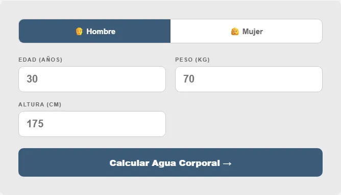Captura de pantalla de la Calculadora de Porcentaje de Agua en el Cuerpo interactiva